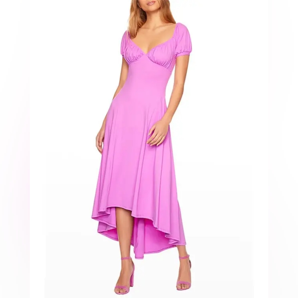 Susana Monaco Puff Sleeve High Low Midi Dress Bubble Pink Small NWT
